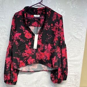 Revolve NSR Black and Red Floral V neck Blouse shirt